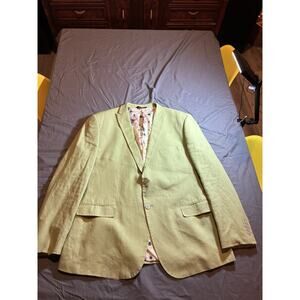 Men’s Green Linen Blend Blazer Jacket Size 48 L Floral Lining Summer Sport Coat